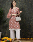 Pink Floral Printed Thread Work Bell Sleeves Cotton Straight Kurta