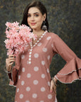 Pink Floral Printed Thread Work Bell Sleeves Cotton Straight Kurta