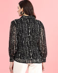 Black Spread Collar Semi Sheer Printed Casual Buttoned Top