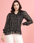 Black Spread Collar Semi Sheer Printed Casual Buttoned Top