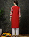 Red Floral Printed Thread Work Cotton Straight Kurta