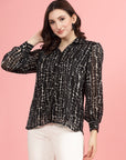 Black Spread Collar Semi Sheer Printed Casual Buttoned Top