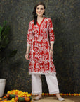 Red Floral Printed Thread Work Cotton Straight Kurta