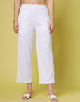 Women White Solid Parallel Trousers