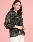 Black Spread Collar Semi Sheer Printed Casual Buttoned Top