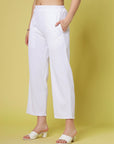 Women White Solid Parallel Trousers