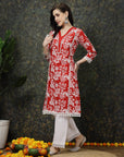 Red Floral Printed Thread Work Cotton Straight Kurta