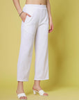 Women White Solid Parallel Trousers
