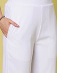 Women White Solid Parallel Trousers