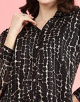 Black Spread Collar Semi Sheer Printed Casual Buttoned Top