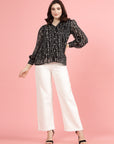 Black Spread Collar Semi Sheer Printed Casual Buttoned Top