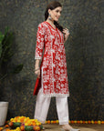 Red Floral Printed Thread Work Cotton Straight Kurta