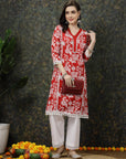 Red Floral Printed Thread Work Cotton Straight Kurta