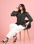 Black Spread Collar Semi Sheer Printed Casual Buttoned Top