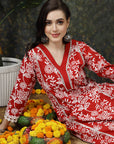 Red Floral Printed Thread Work Cotton Straight Kurta