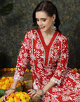 Red Floral Printed Thread Work Cotton Straight Kurta