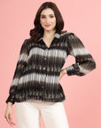 Black Spread Collar Semi Sheer Printed Casual Buttoned Top