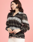 Black Spread Collar Semi Sheer Printed Casual Buttoned Top