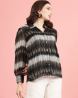 Black Spread Collar Semi Sheer Printed Casual Buttoned Top