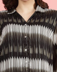 Black Spread Collar Semi Sheer Printed Casual Buttoned Top