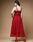 Red Striped Embellished Shoulder Straps Gathered Tiered Detail Maxi Dress