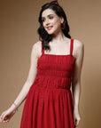 Red Striped Embellished Shoulder Straps Gathered Tiered Detail Maxi Dress