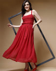 Red Striped Embellished Shoulder Straps Gathered Tiered Detail Maxi Dress