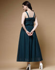 Teal Blue Striped Embellished Shoulder Straps Gathered Tiered Detail Maxi Dress
