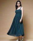Teal Blue Striped Embellished Shoulder Straps Gathered Tiered Detail Maxi Dress