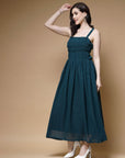 Teal Blue Striped Embellished Shoulder Straps Gathered Tiered Detail Maxi Dress