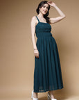 Teal Blue Striped Embellished Shoulder Straps Gathered Tiered Detail Maxi Dress