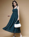 Teal Blue Striped Embellished Shoulder Straps Gathered Tiered Detail Maxi Dress