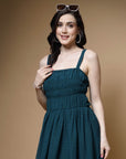 Teal Blue Striped Embellished Shoulder Straps Gathered Tiered Detail Maxi Dress