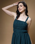 Teal Blue Striped Embellished Shoulder Straps Gathered Tiered Detail Maxi Dress