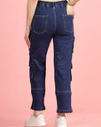 Women Blue High-Rise Clean Look Light Fade Cargo Styles Cotton Jeans