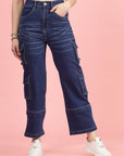 Women Blue High-Rise Clean Look Light Fade Cargo Styles Cotton Jeans