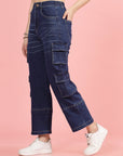 Women Blue High-Rise Clean Look Light Fade Cargo Styles Cotton Jeans