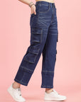Women Blue High-Rise Clean Look Light Fade Cargo Styles Cotton Jeans