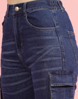 Women Blue High-Rise Clean Look Light Fade Cargo Styles Cotton Jeans
