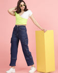 Women Blue High-Rise Clean Look Light Fade Cargo Styles Cotton Jeans