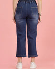 Women Blue High-Rise Clean Look Heavy Fade Front Slit Cotton Jeans