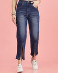 Women Blue High-Rise Clean Look Heavy Fade Front Slit Cotton Jeans