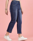 Women Blue High-Rise Clean Look Heavy Fade Front Slit Cotton Jeans