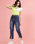 Women Blue High-Rise Clean Look Heavy Fade Front Slit Cotton Jeans