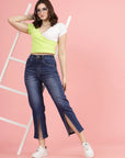 Women Blue High-Rise Clean Look Heavy Fade Front Slit Cotton Jeans