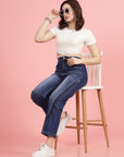 Women Blue High-Rise Clean Look Light Fade Frayed Hem Cotton Jeans