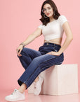 Women Blue High-Rise Clean Look Heavy Fade Frayed Hem Cotton Jeans