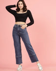 Women Blue High-Rise Clean Look Frayed Hem Cotton Jeans