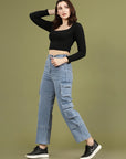 Women Blue High-Rise Clean Look Cotton Cargo Style Jeans