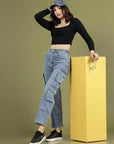 Women Blue High-Rise Clean Look Cotton Cargo Style Jeans